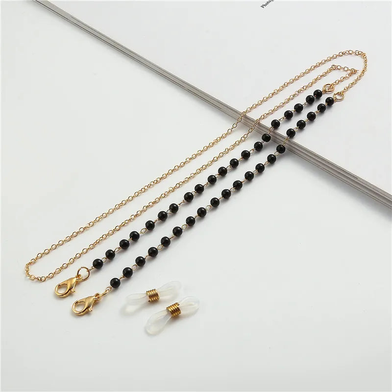 Handmade Beaded Glasses Chain – Black Crystal & Gold