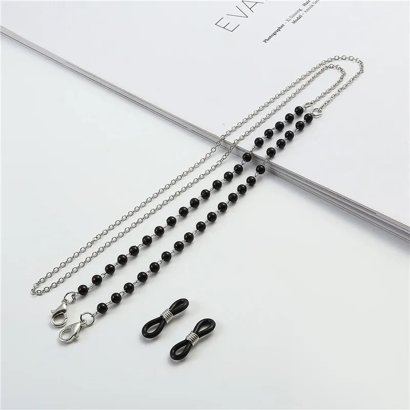 Handmade Beaded Glasses Chain – Black Crystal & Silver